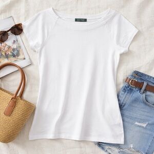 Lauren Ralph Lauren White Cotton Short Sleeve Tee XL Classic Minimalist Top